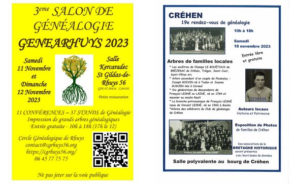 3eme Salon GénéaRhuys et 19eme rendez-vous de généalogie de Crehen
